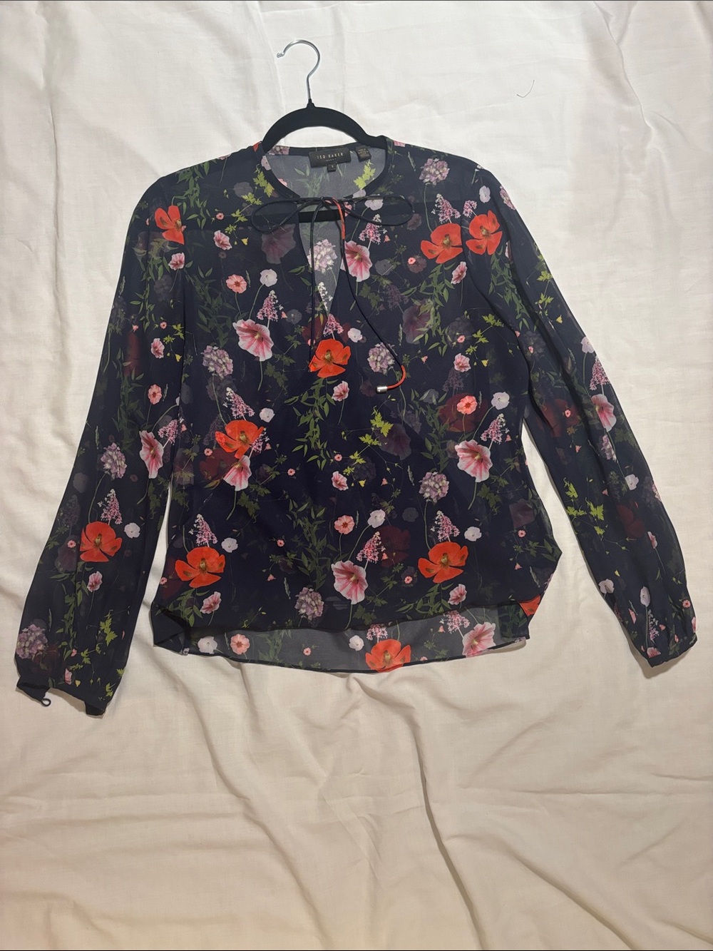 Ted Baker London Navy Floral Tie-Neck Blouse with Red & Pink Blooms
